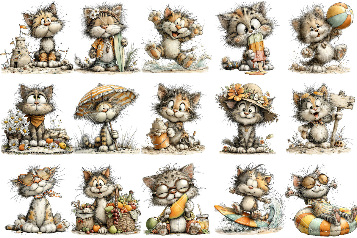 Whimsical Summer Cat Clipart Bundle, an Illustration by OK Design (Photo 3 of 6)