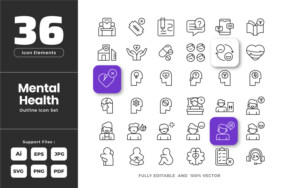Mental Health Outline Icons, an Icon by Vesvocrea
