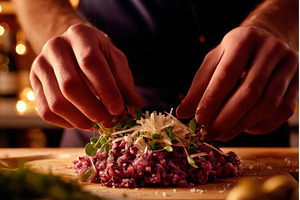 Hands decorating beef tartar under, a Food & Drink Photo by Rodica Ciorba