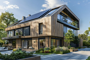 Large eco house with solar panels and green plant, a Photo by AlyaAnd