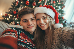 Happy young couple dressed in knitted sweaters doing selfie on christmas tree b, a Photo by AlyaAnd