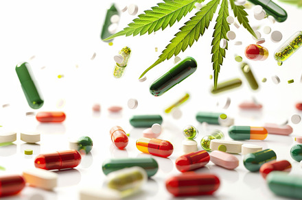 Colorful pills and cannabis leaves scattered on white background, a Photo by Dvoevnore photos