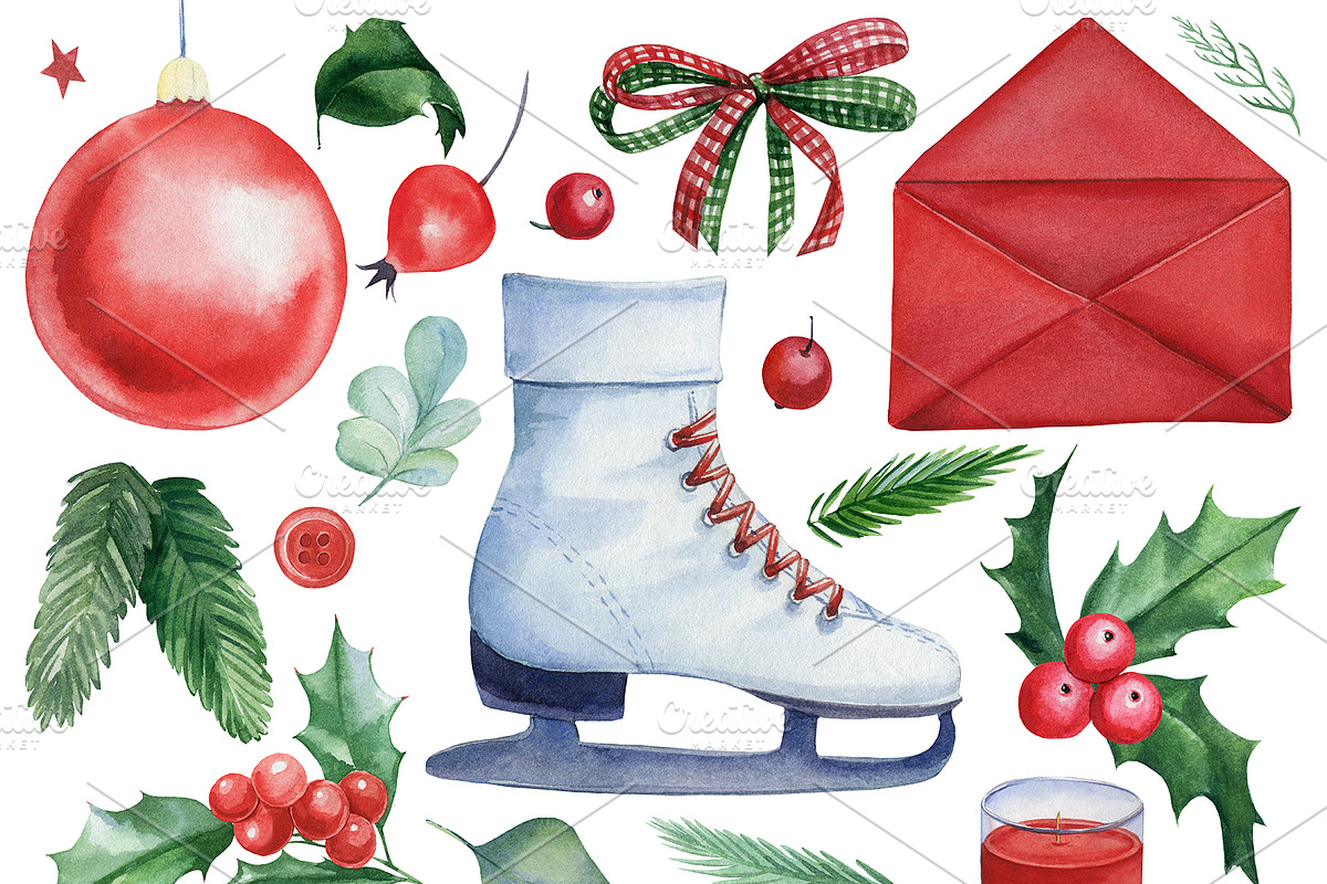 Christmas watercolor clipart, a Decorative Illustration by Hanna Hryharenka (Photo 11 of 19)