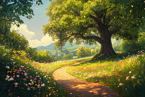 Sunlit meadow with a large tree, a Photo by Pavel_design