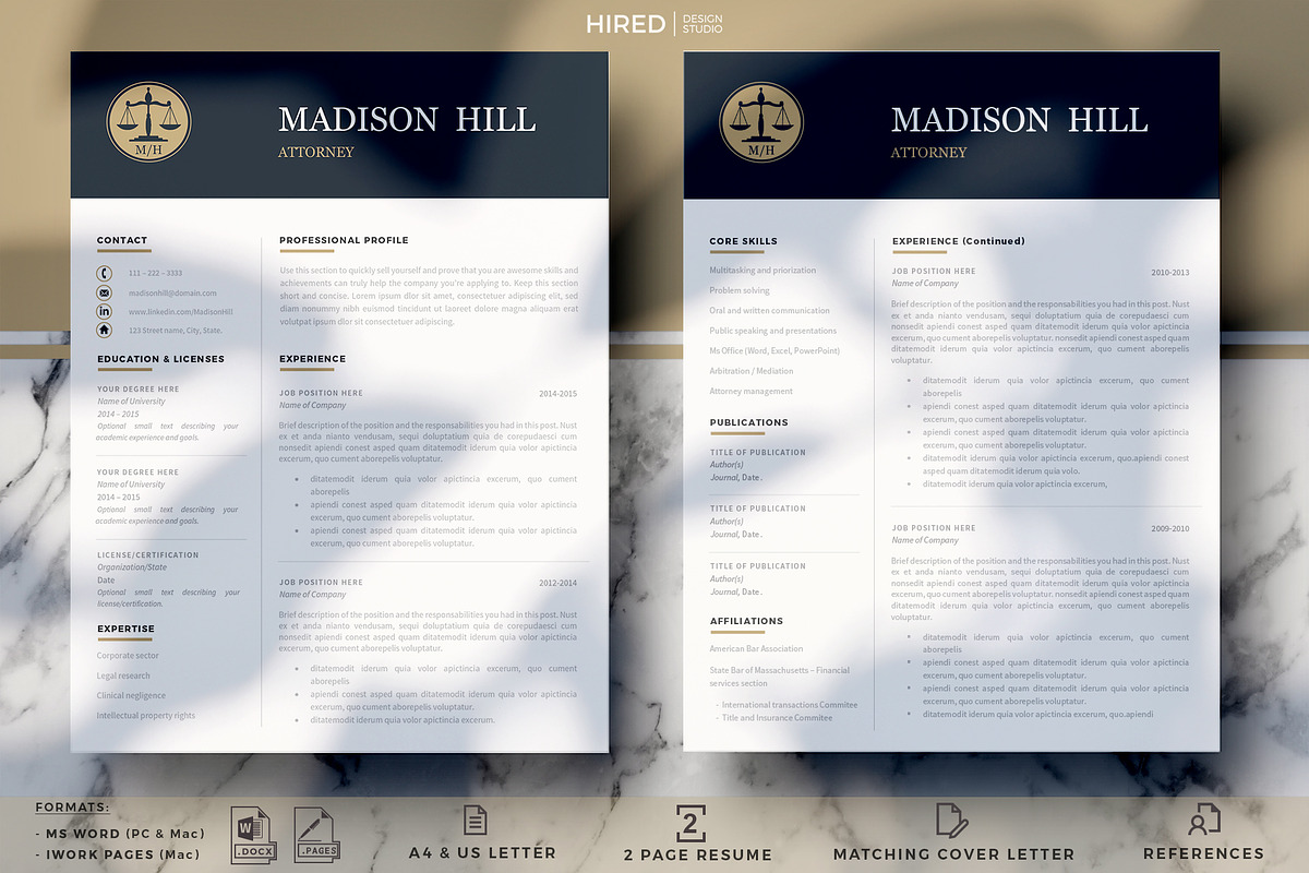 Attorney Resume template, Lawyer CV, a Resume Template by HIRED Design Studio (Photo 2 of 11)