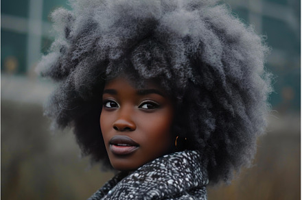 Afro girl grey hair studio portrait, a Person Photo by Ylivdesign