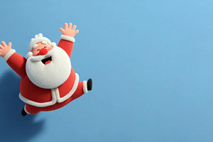 Joyful cartoon Santa Claus jumping with excitement on blue backg, a Holiday Photo by José Manuel Gelpi