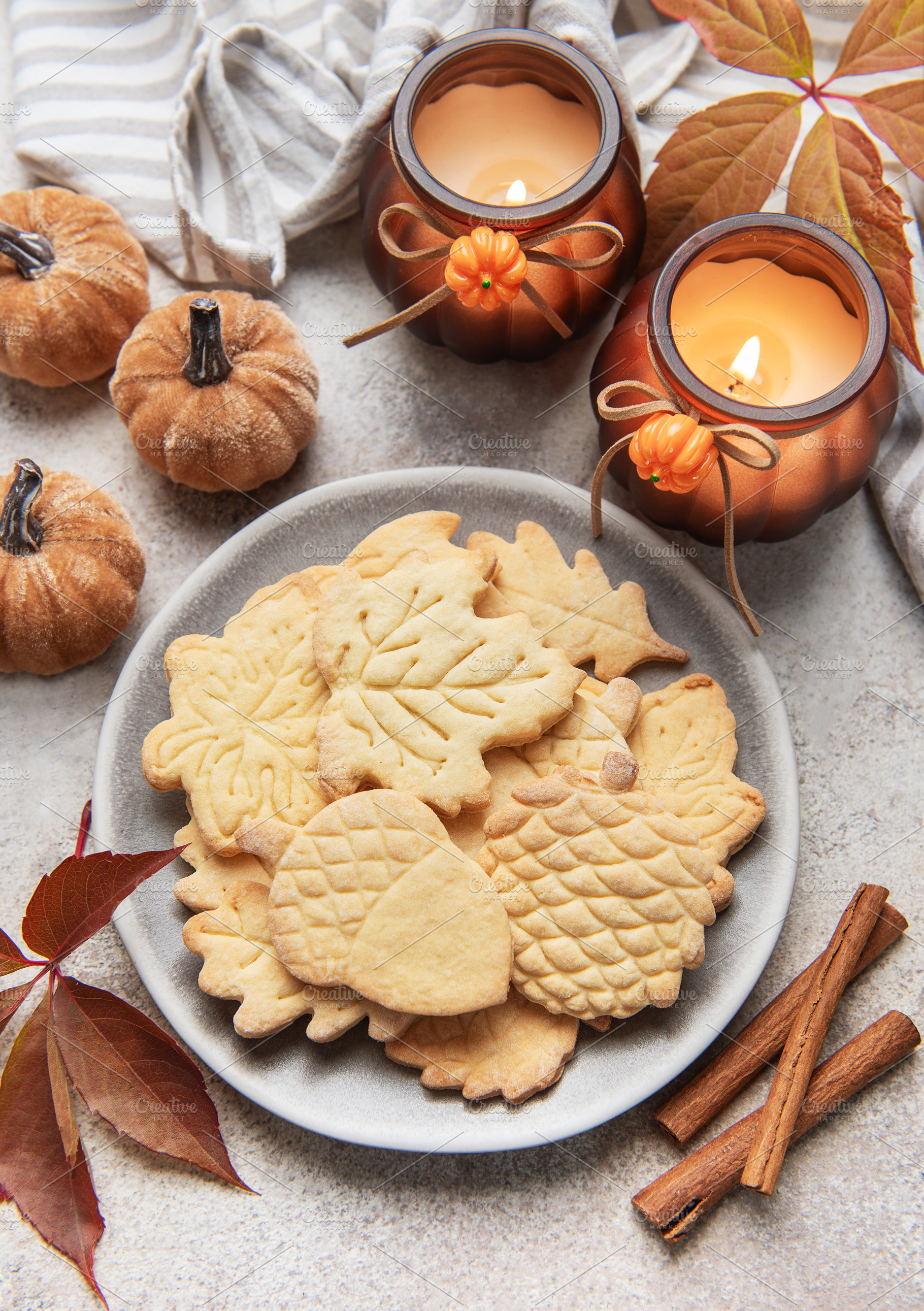 Autumn cookies on plate with cinnamon and fall decor, a Food & Drink Photo by Olena Rudo