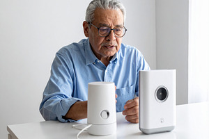 Elderly person speaking near a voice-generating device, a Person Photo by DanFLCreativo