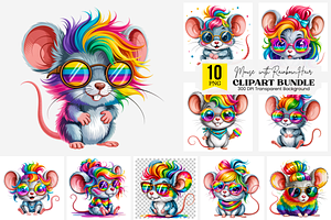 Mouse PNG with Rainbow Hair Bundle, an Illustration by Clipart Bloom