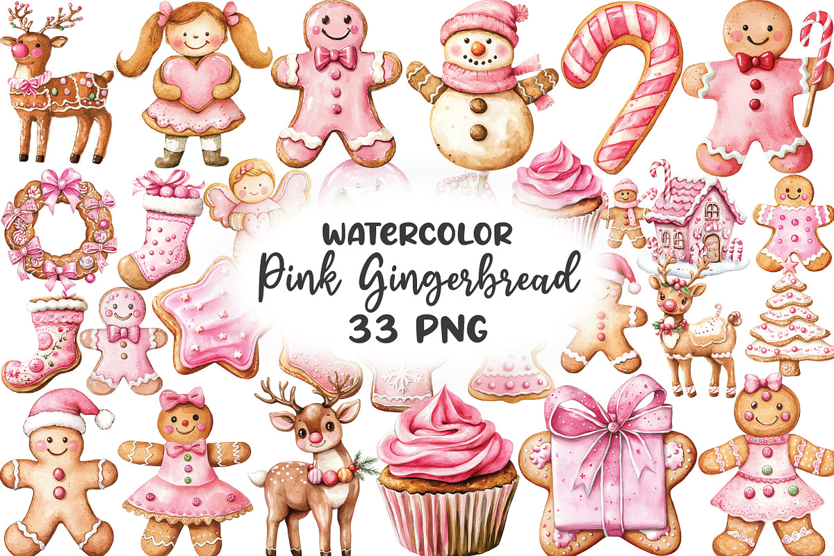 Watercolor Pink Gingerbread Clipart, an Illustration by CraftArtStudio (Photo 1 of 6)