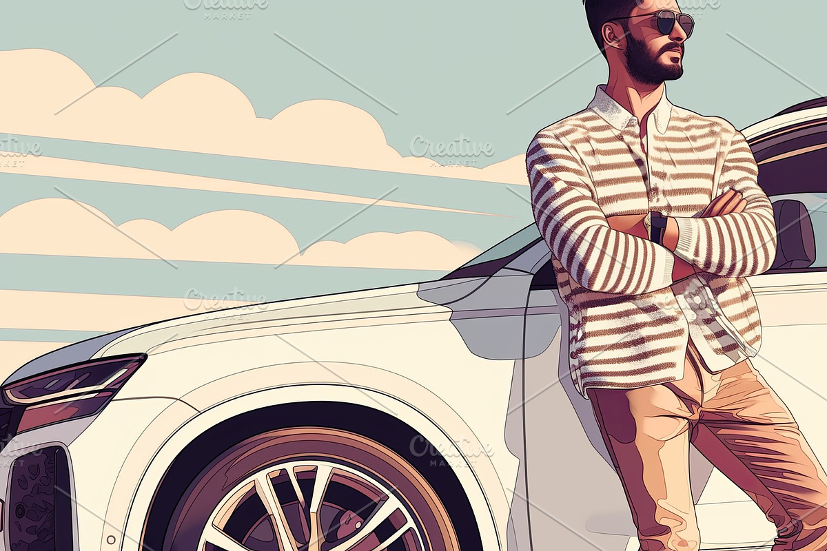 Stylish man leaning on a white car under a clear sunny sky, an Illustration by AS photostudio