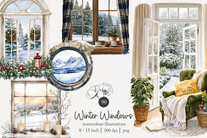 90 watercolor winter window clip art, a Seasonal Illustration by Poppy Lane Studio
