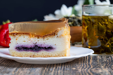 Delicious cake with blueberry filling and transparent jelly, a Food & Drink Photo by MyPhotos