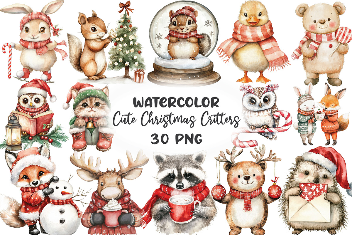 Cute Christmas Critters Clipart, an Illustration by CraftArtStudio (Photo 1 of 6)