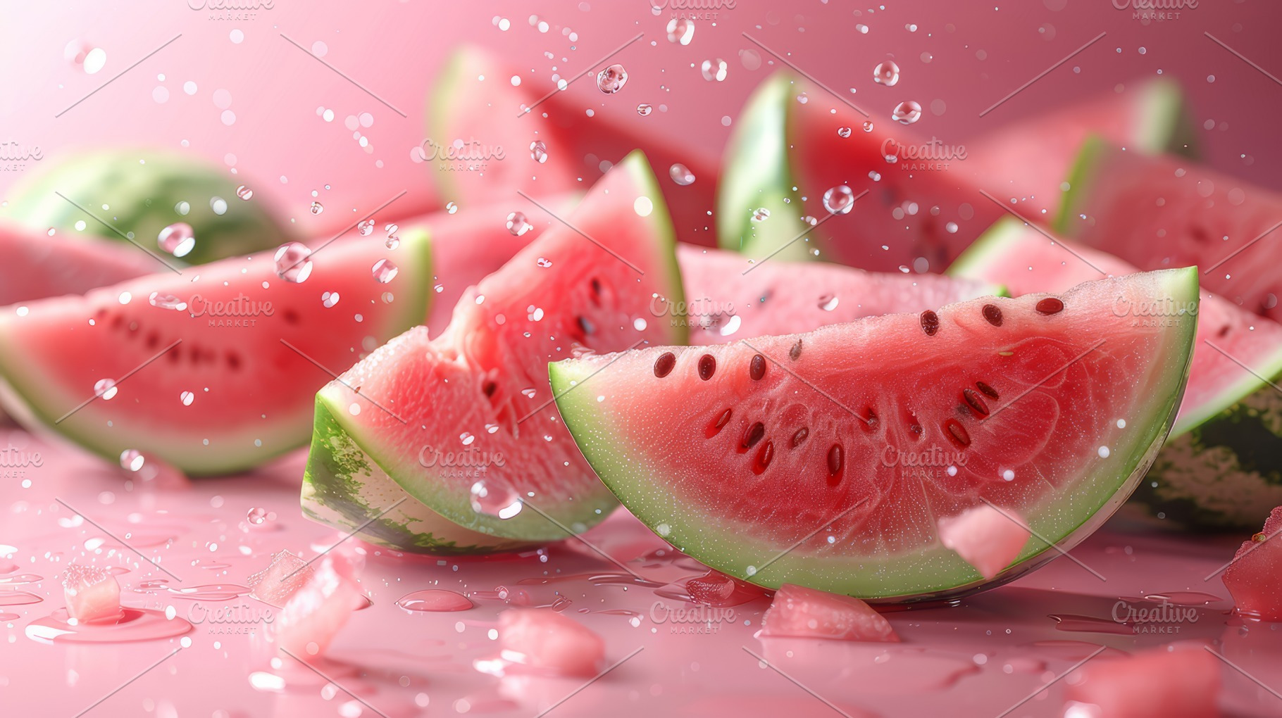 Refreshing Slices of Juicy Watermelon Falling Against a Pink Background with Sp, a Photo by AS photostudio
