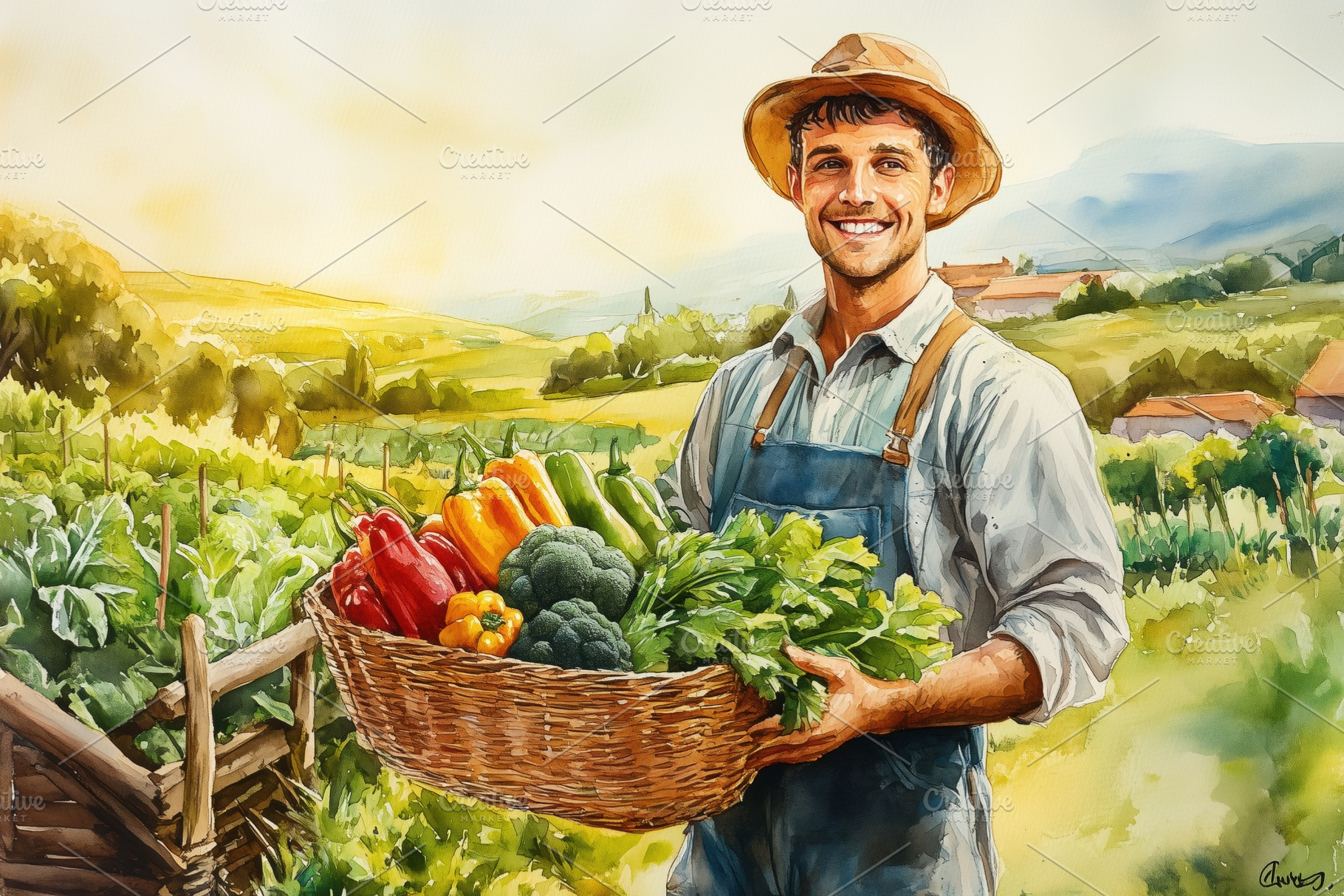 A smiling farmer in a straw hat holds a basket of colorful vegetables, includin, a Person Photo by Textures & Backgrounds