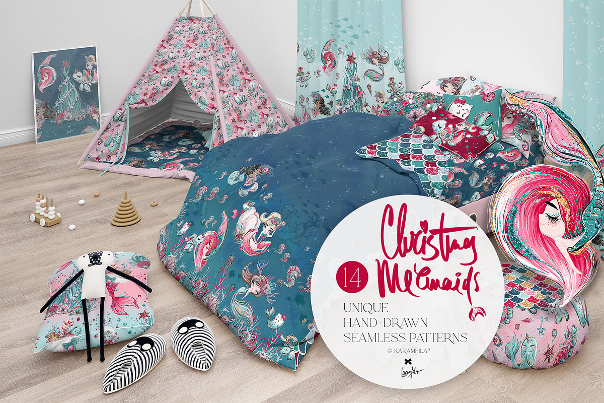 Christmas Mermaids Seamless Patterns, a Pattern Graphic by KaramfilaS (Photo 3 of 19)