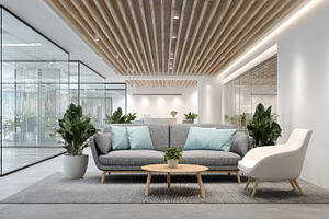 Modern office waiting area grey sofa, a Photo by Pixeness Studio