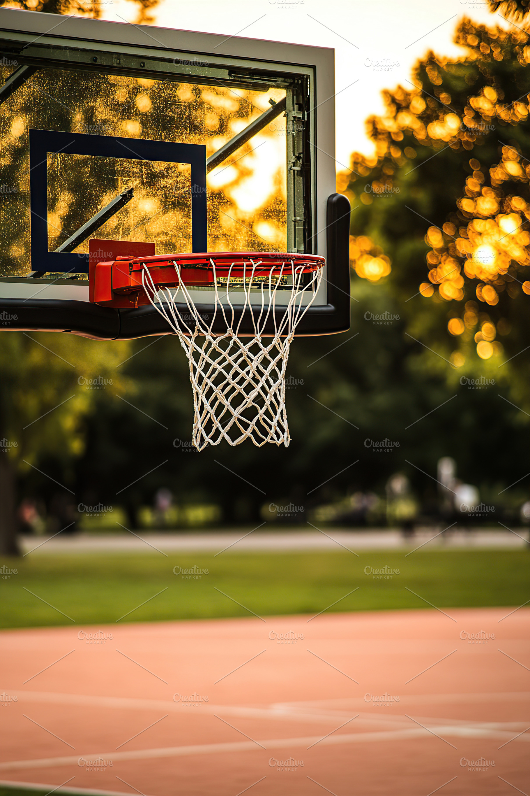 High quality basketball hoop in the warm glow of dawn at an outdoor court, a Sports & Recreation Photo by AlyaAnd