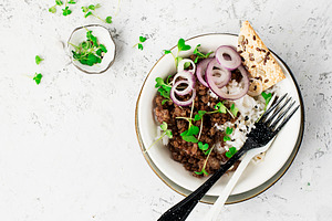 Fried beef minced bowl with basmati featuring beef, bowl, and cooked