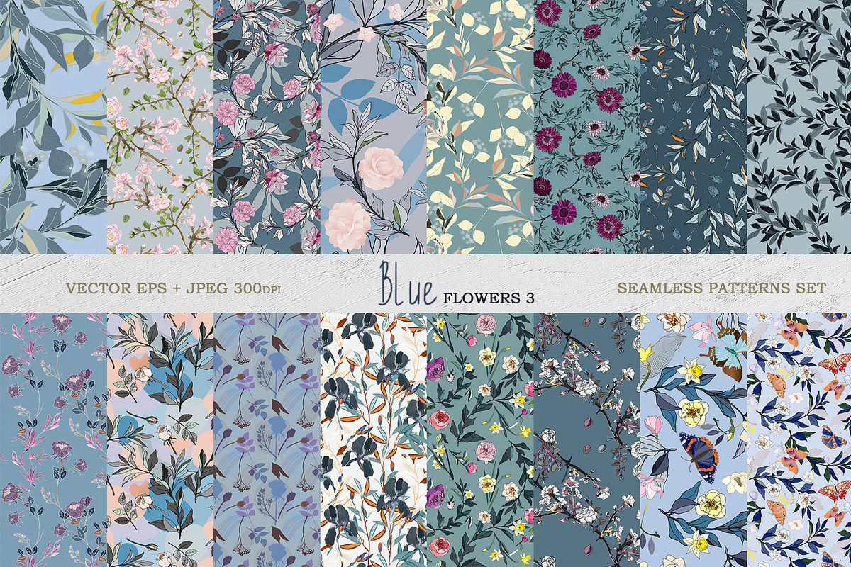 Blue floral seamless vector pack, a Pattern Graphic by PatternsBlooming