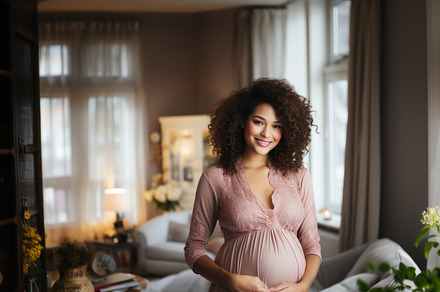 Beautiful pregnant woman touching her belly while at home. Gener, a Person Photo by AS photostudio