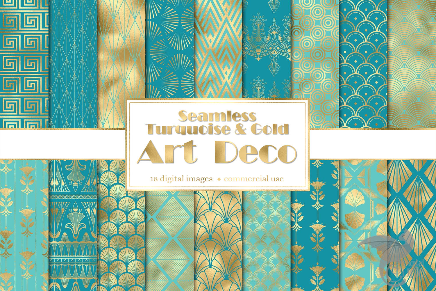 Turquoise & Gold Art Deco patterns, a Pattern Graphic by Digital Curio