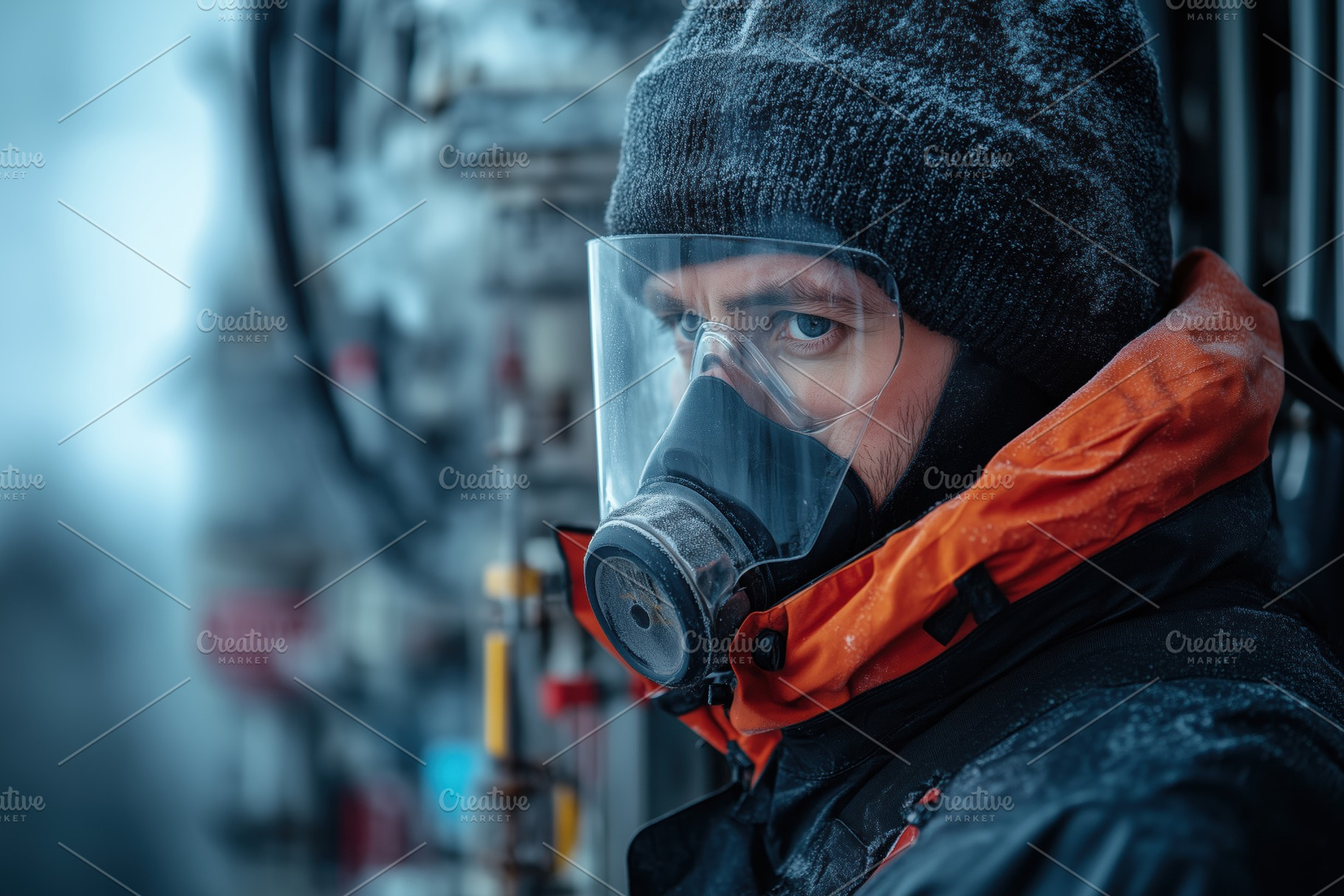 A close-up gas and dust analyzer portrait of a man wearing a protective mask an, a Person Photo by Textures & Backgrounds
