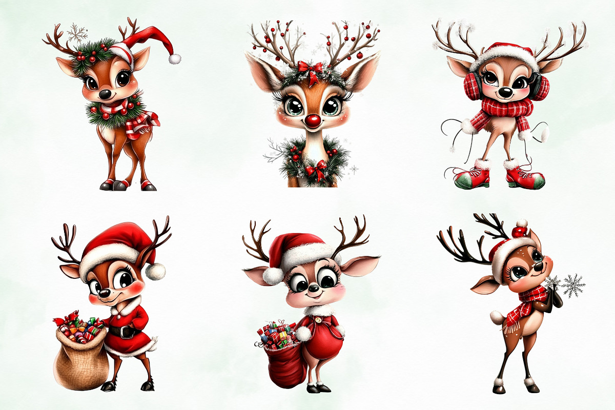 Whimsical Christmas Reindeer Clipart, an Illustration by Creative Art (Photo 3 of 11)