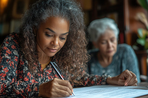 Young woman writing notes while elde, a Photo by Tanuart