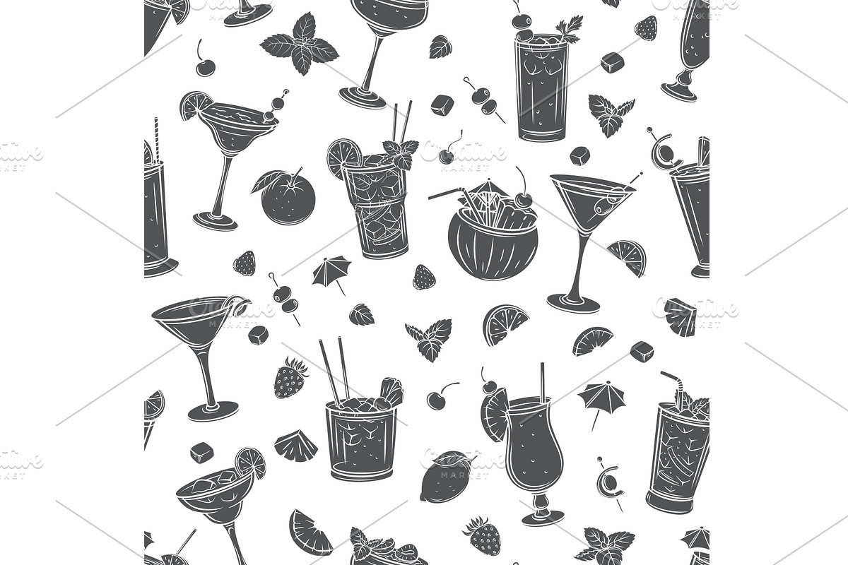 Tropical cocklails seamless pattern, a Food Illustration by VictoriaSergeeva