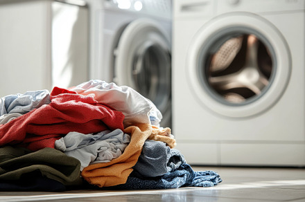 Pile of laundry sits beside a white, a Photo by Iftikhar Alam