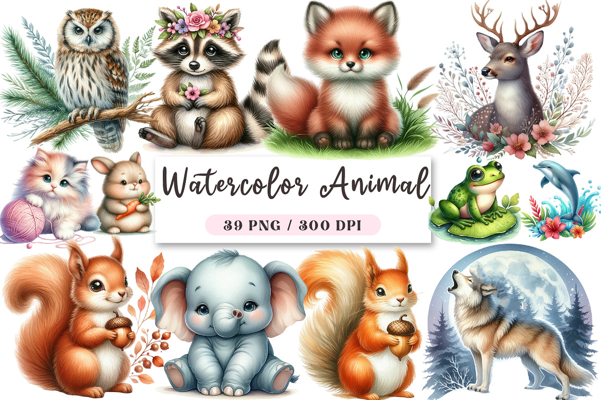 Watercolor Animal Clipart, a Seasonal Illustration by DreamArtGraphic (Photo 1 of 4)