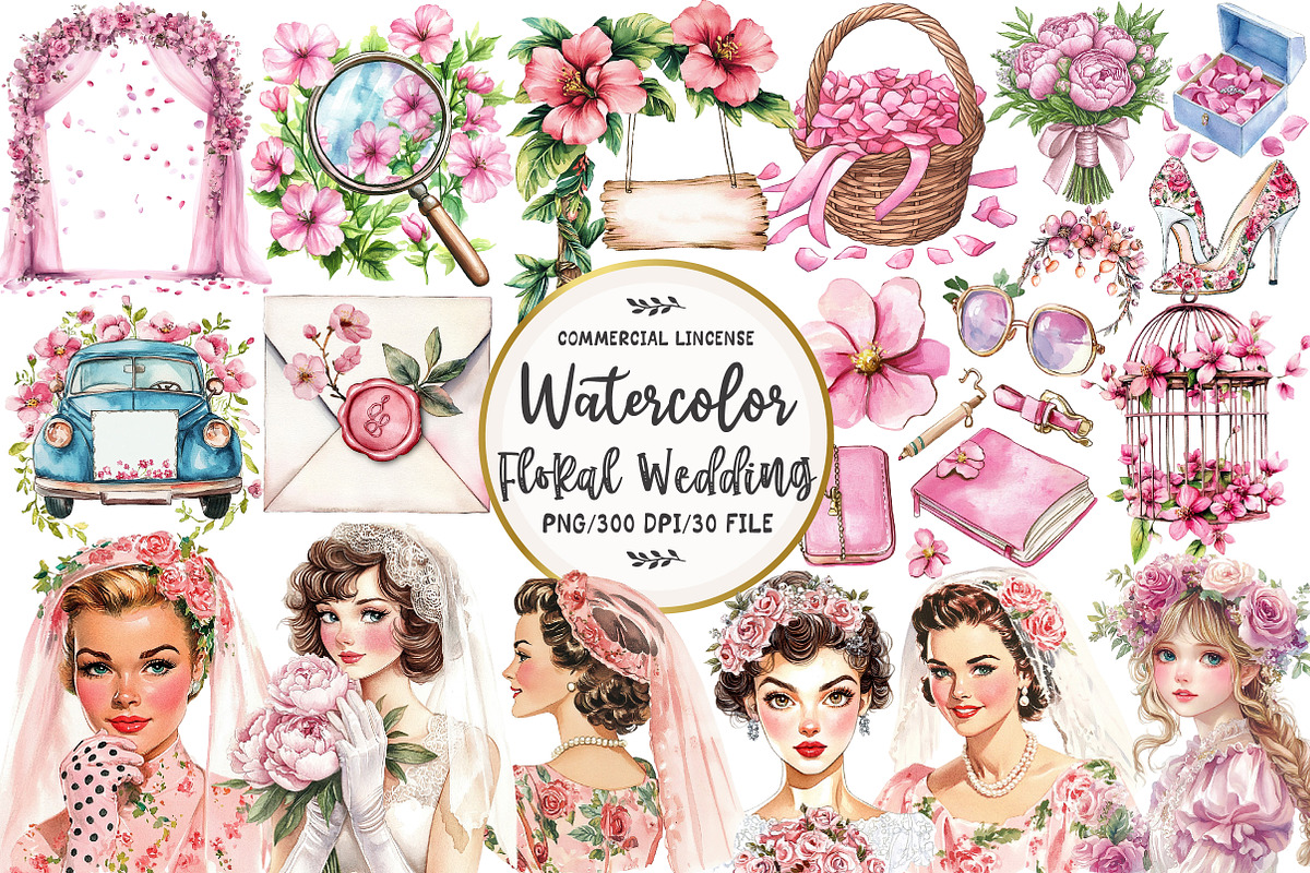 Pink Floral Wedding Clipart, an Illustration by OK Design (Photo 1 of 5)