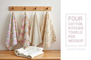 4 Kitchen towels on hooks PSD MOCKUP