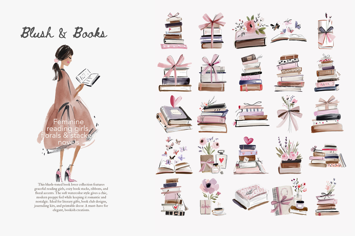Blush Book Lover Clipart Bundle, a Decorative Illustration by Patishop Art (Photo 9 of 14)