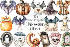 Sepia Coquette Halloween Clipart, an Illustration by DreamPrint404