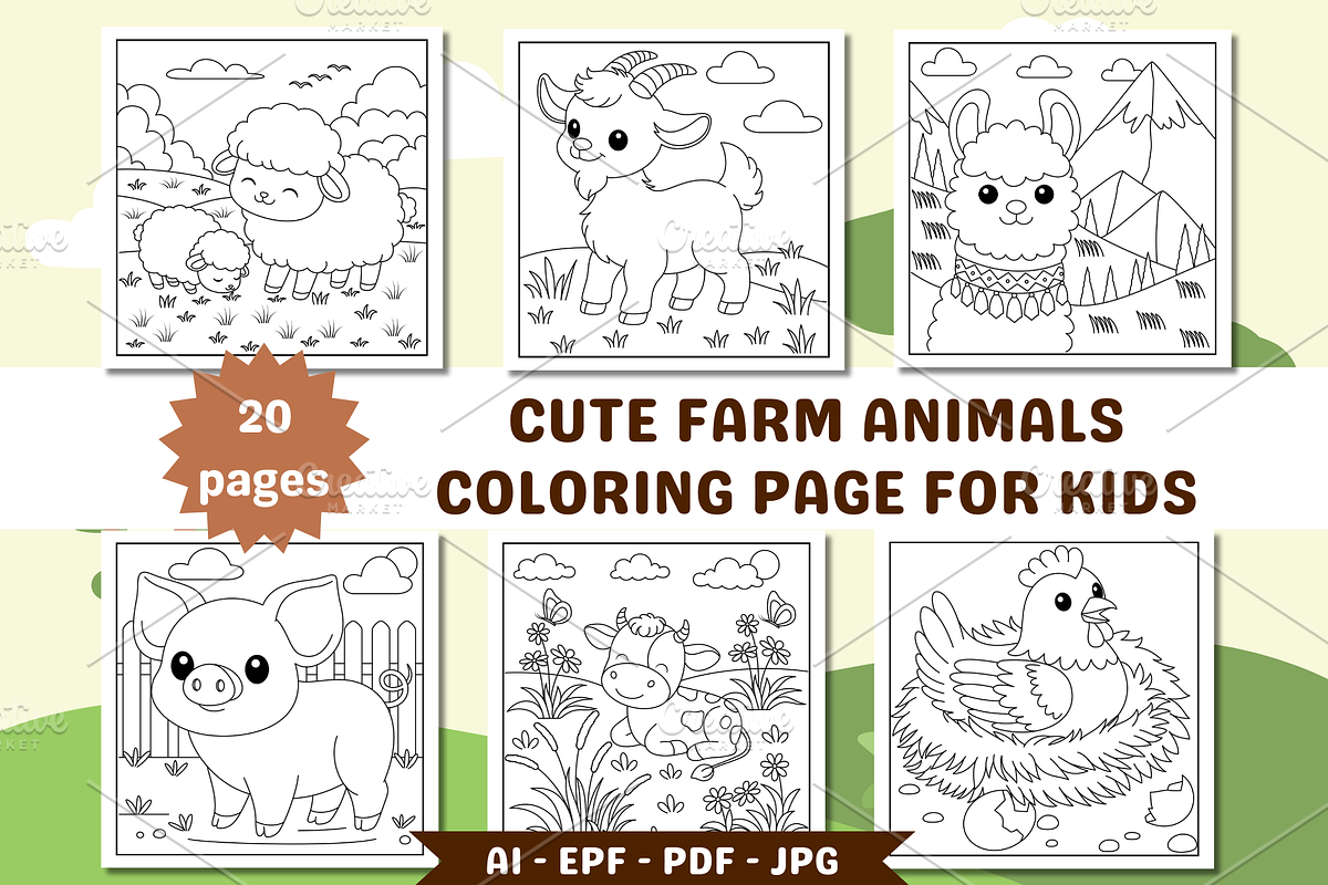 Cute Farm Animals Coloring Page, an Animal Illustration by Salaly (Photo 1 of 4)