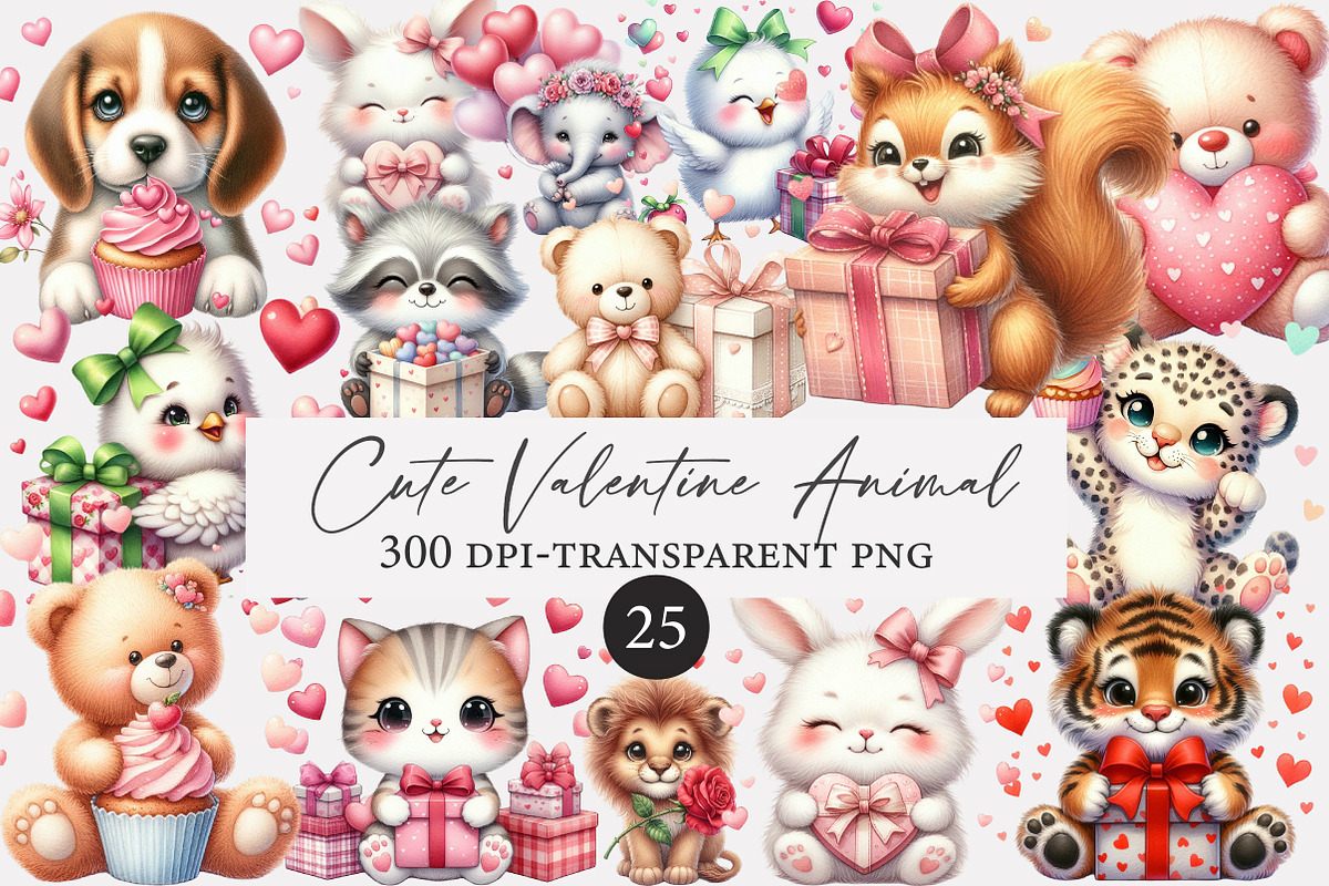 Cute Valentine Animal Clipart Bundle, an Illustration by Designworld (Photo 1 of 5)