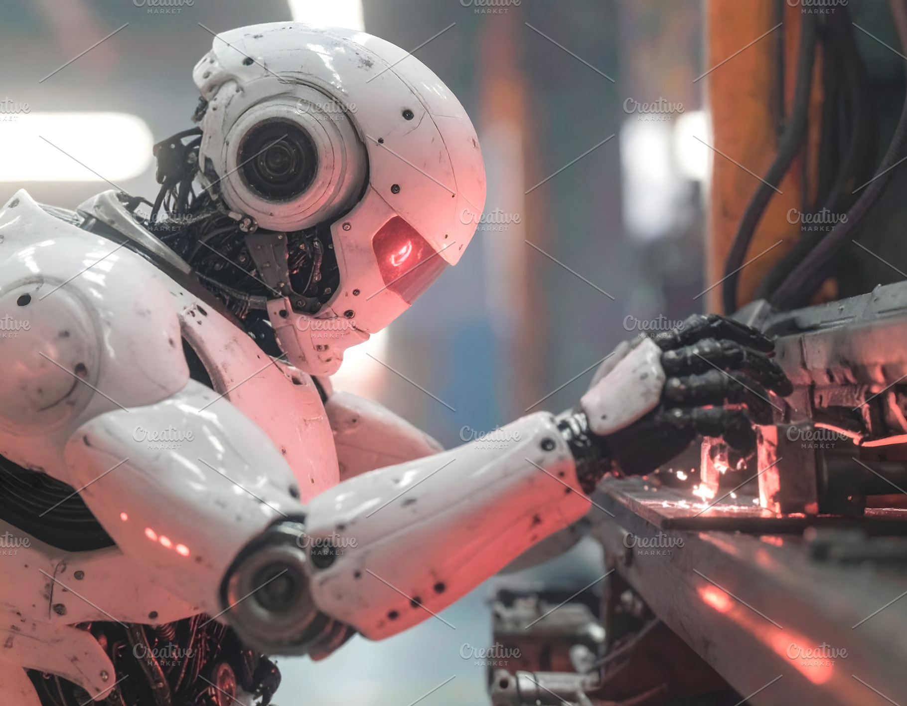 Industrial robot welding with sparks inside modern factory, a Technology Photo by GoodGoods