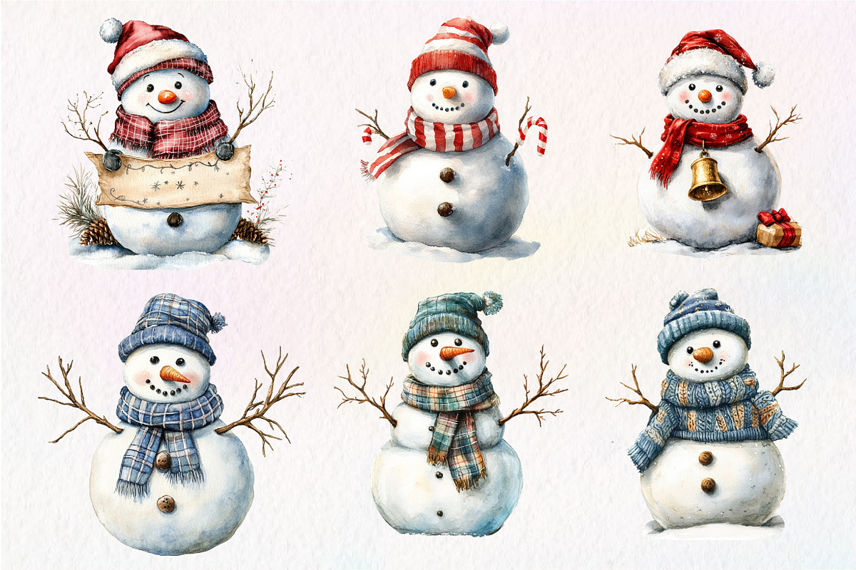 Watercolor Christmas Snowman Clipart, an Illustration by Dream Creation (Photo 3 of 6)
