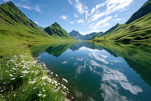 Serene alpine lake reflecting green hills under a clear blue sky in summer, a Nature Photo by AlyaAnd