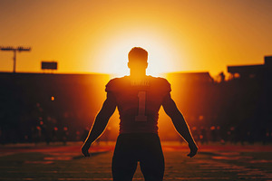 Silhouette of a football player agai, a Photo by Tanuart