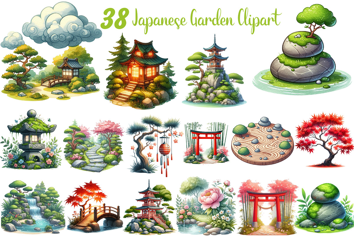 Japanese Garden Watercolor Clipart, an Illustration by DreamCafeArt (Photo 1 of 7)