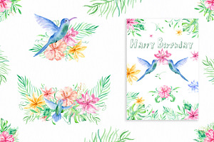 Tropical Set. Cute Hummingbird!