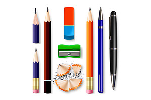 Pen, Pencil Stationery Set Vector