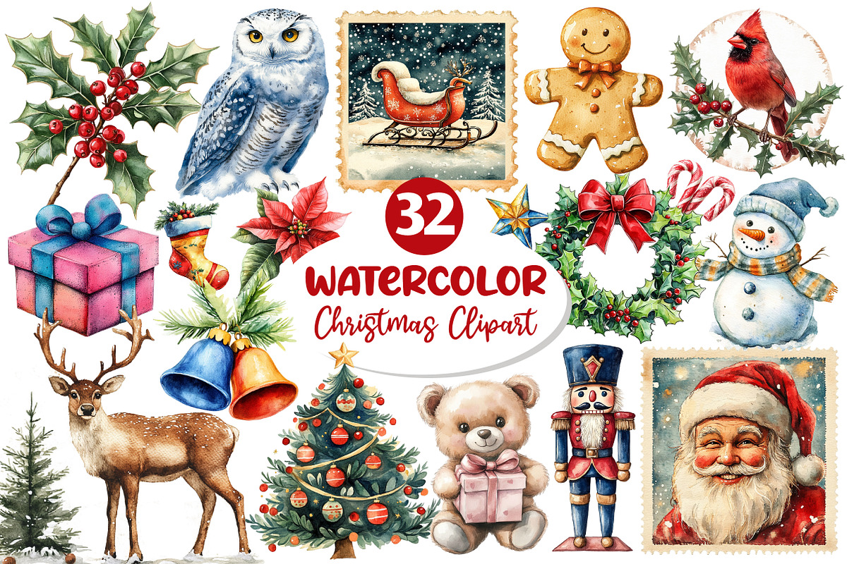 Watercolor Christmas Clipart Bundle, an Illustration by Dream Creation (Photo 1 of 4)