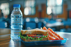 School lunch box with tasty sandwich and bottle of water, a Food & Drink Photo by AlyaAnd