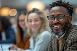Smiling African American man in glasses at a conference, surrounded by engaged, a Person Photo by ImageMir